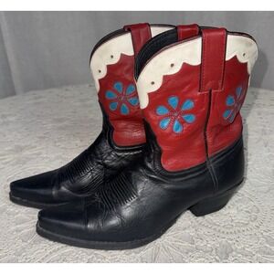 Vintage Tony Lama Women's Cowboy Cowgirl Western Boots Sz 6.5 Red Black Flowers